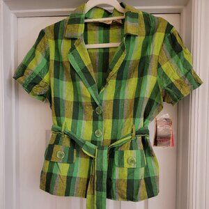 Sherry Taylor Checked Plaid Belted Shirt, Green, Size M, NWT